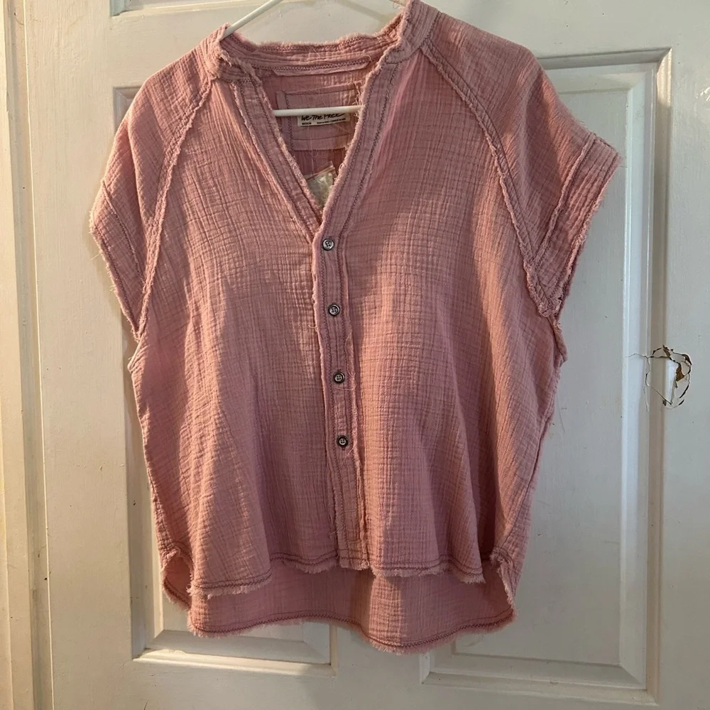 Free People Dusty Pink Short-Sleeve Button-Front Gauze Top - Picture 1 of 2